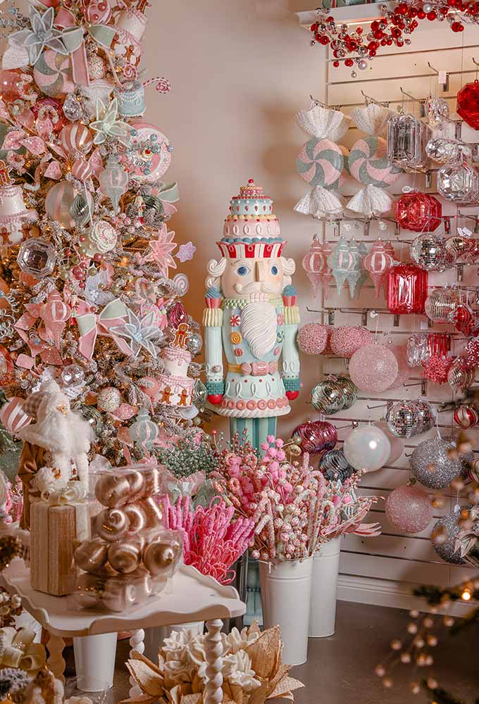Pastel nutcracker display and luxury Christmas boutique, featuring sydney christmas decorations, ornaments, and garlands.