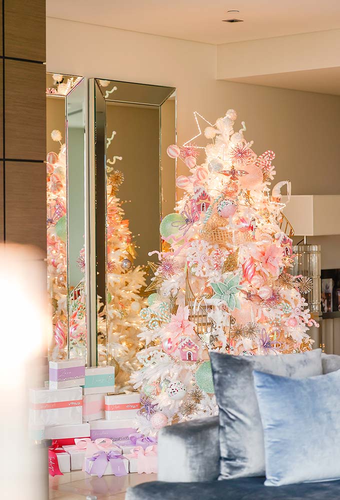 Pastel-themed unique Christmas tree with pink and mint ornaments, perfect for beautiful christmas trees and decorating your home for christmas.