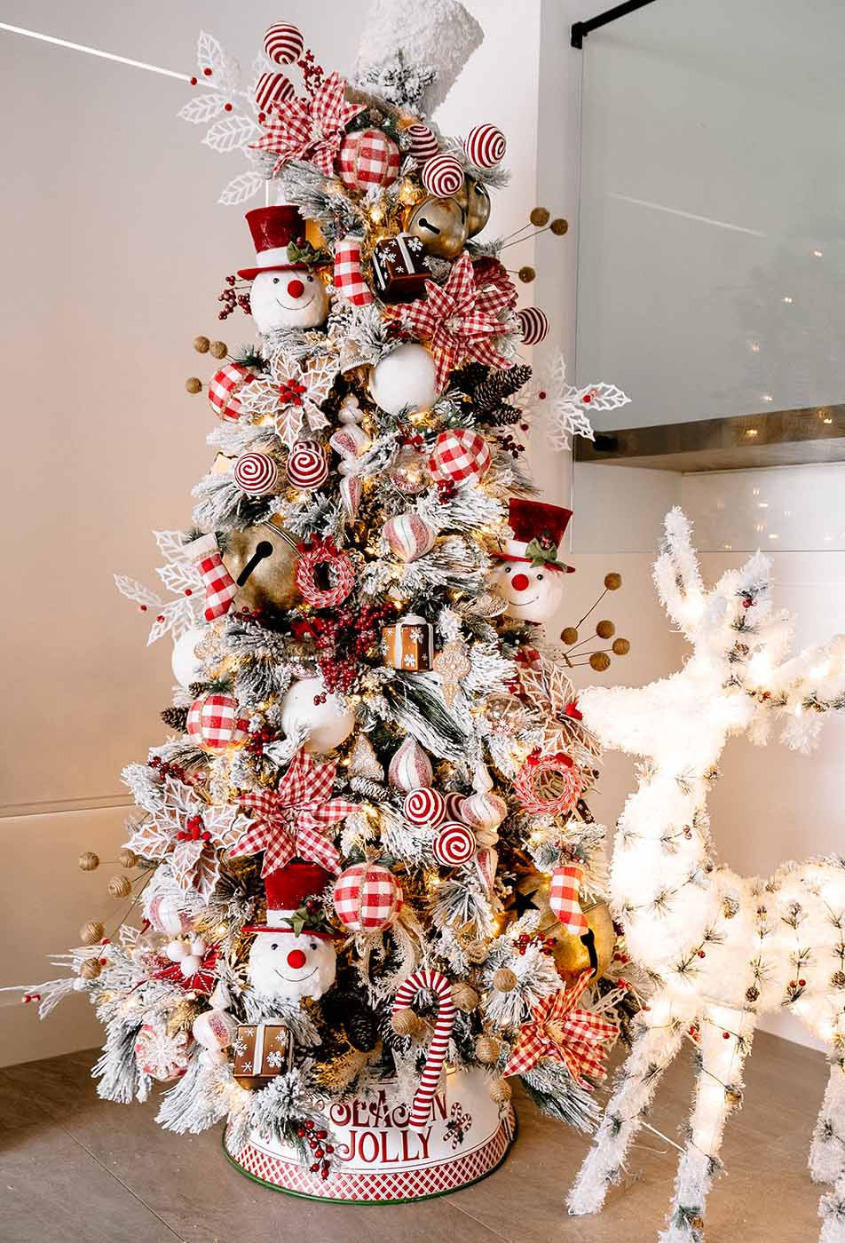 Festive Christmas tree with red gingham bows, snowman ornaments, and candy accents, luxury christmas tree styling and decoration packages.