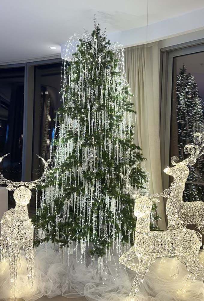 Crystal-themed Christmas tree with illuminated reindeer, styled by Dancer and Dasher, Christmas tree designer Sydney