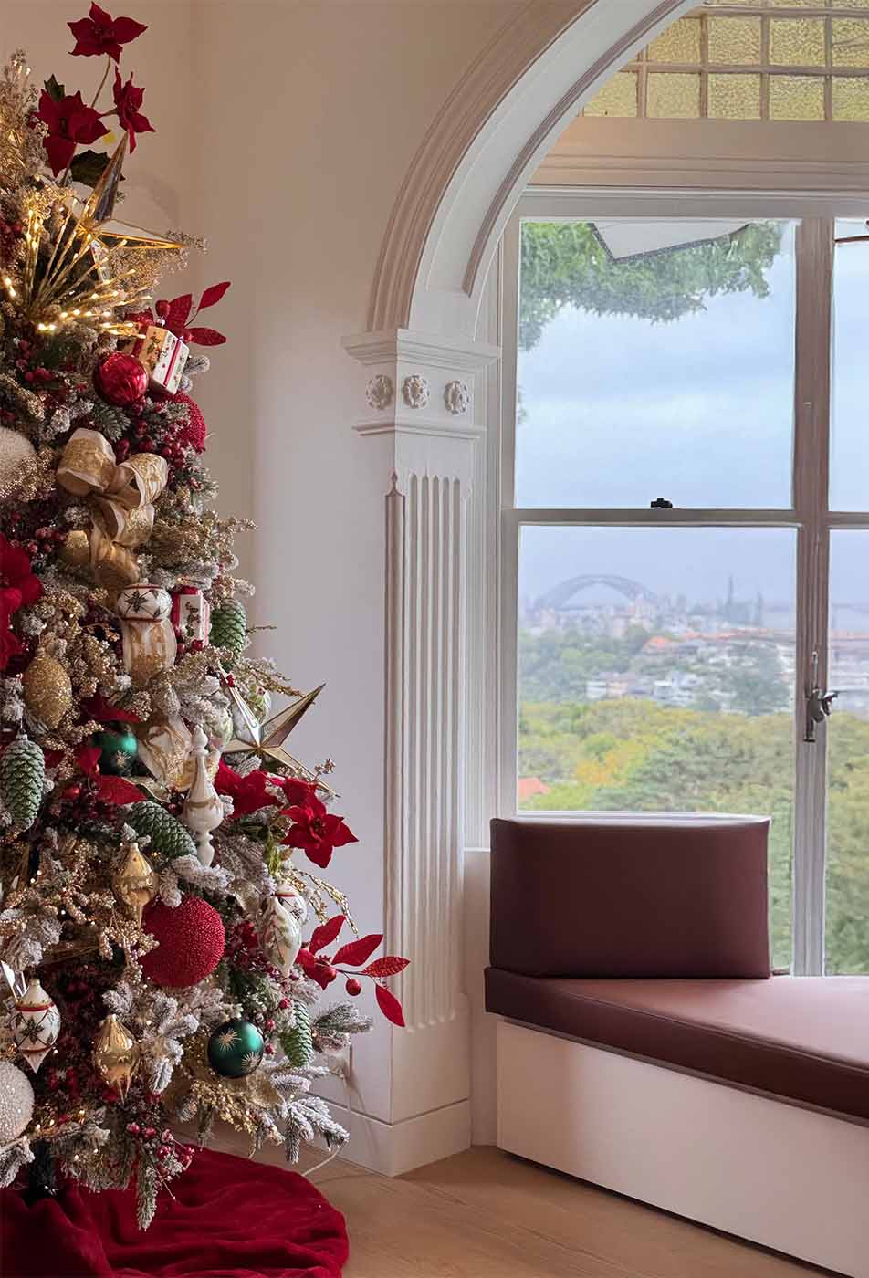 Opulent Christmas tree with red, gold, and green ornaments by Dancer and Dasher, professional Christmas decorators Sydney