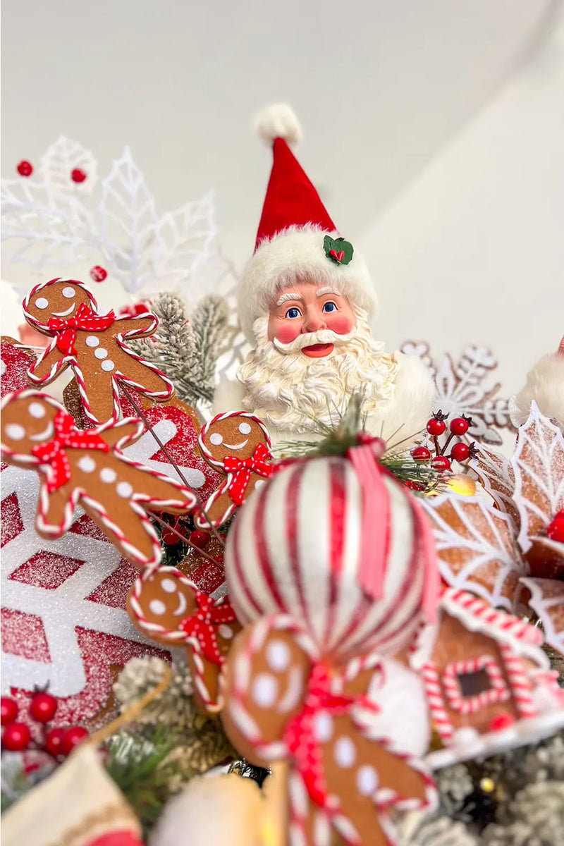 A close-up of a Santa Claus figurine with rosy cheeks and a holly decoration on his hat, flanked by gingerbread man ornaments and festive red and white decorations against a snowy background.