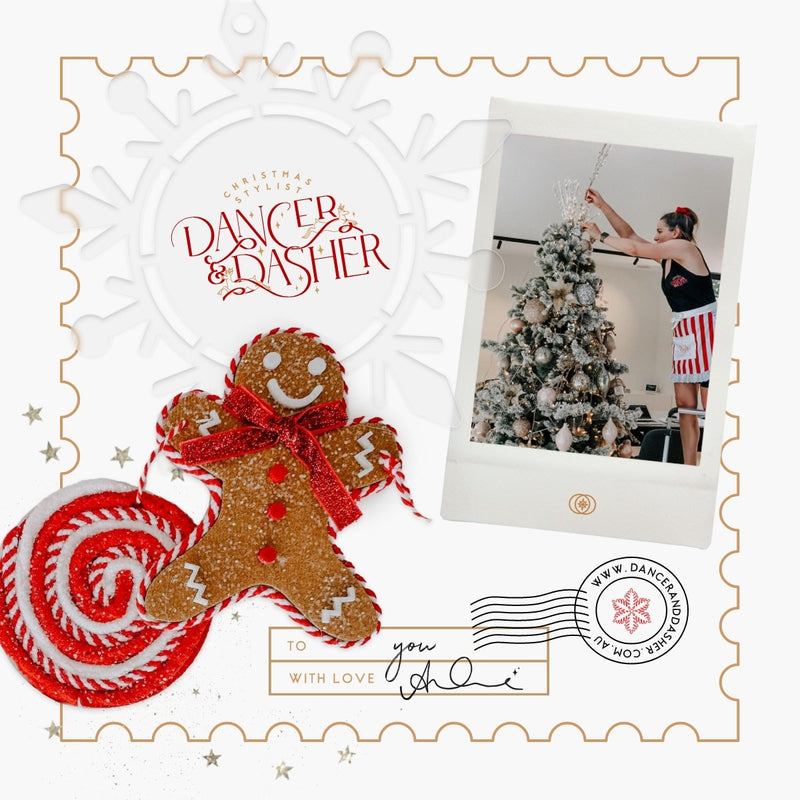 Gingerbread Christmas Decoration, Dancer & Dasher ornament, Polaroid of Tree installation on a Dancer & Dasher postcard with text "To you, with love Alana" 